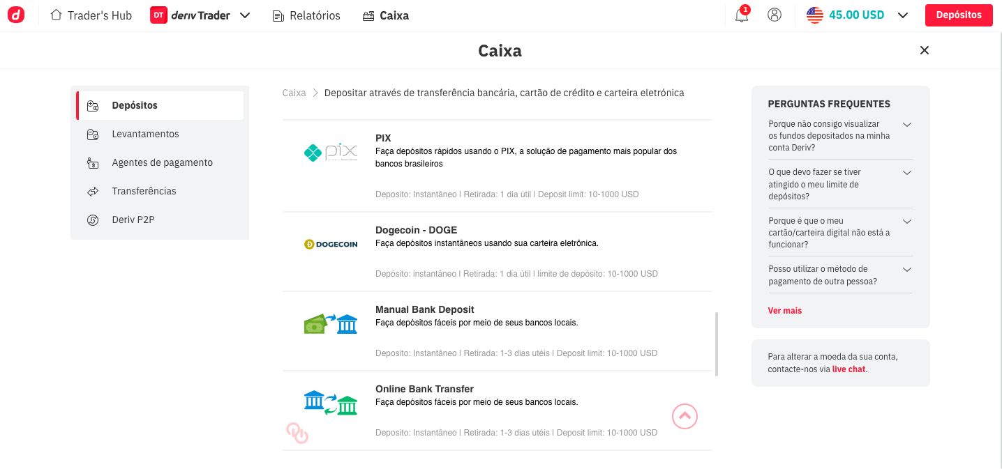 Faça um Depósito na Corretora Deriv